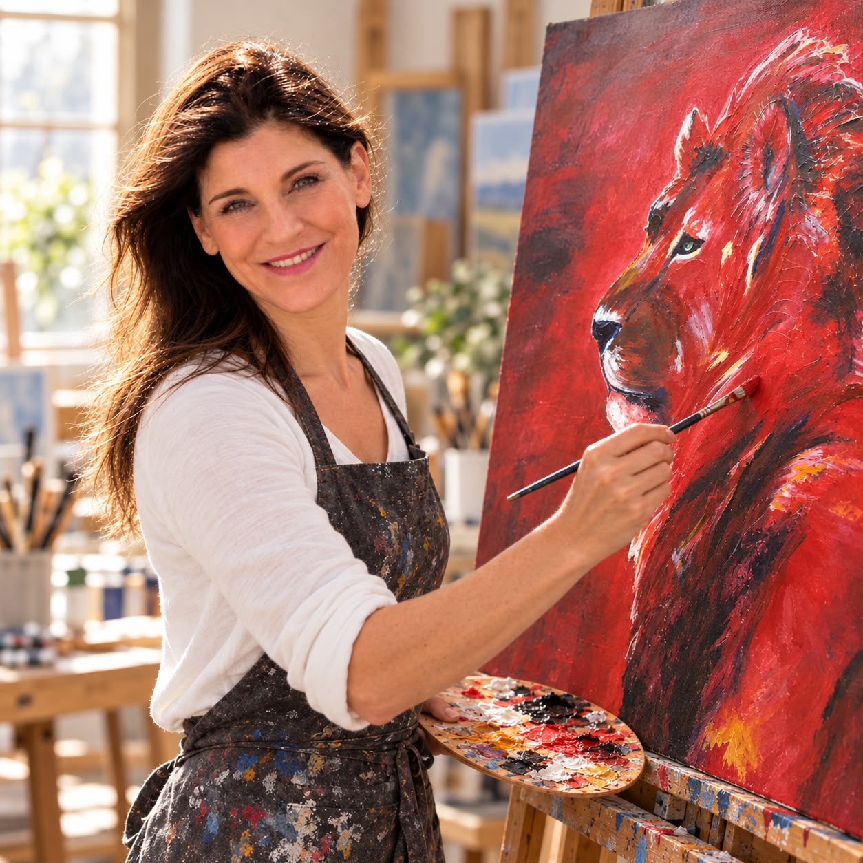 AI-created portrait of Ilka Schulz with a red lion painting